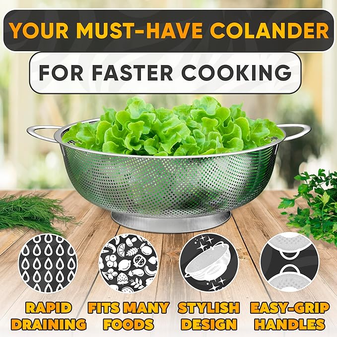 Stainless Steel Colander for Kitchen - 5Qt Rice Strainer With Handles, Perforated Design, Dishwasher Safe, Rust-Resistant - Versatile Pasta Strainer for Grains, Beans, Spaghetti, Veggies, Fruits