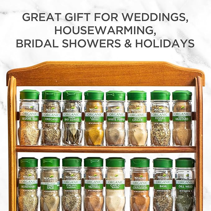 McCormick Gourmet Three Tier Wood 24 Piece Organic Spice Rack Organizer with Spices Included, 27.6 oz