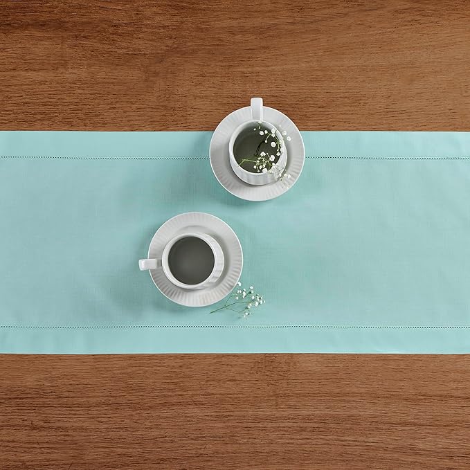 Solino Home Cotton Linen Pastel Turquoise Table Runner 72 Inches Long - Hemstitch Table Runner 14 x 72 Inch for Dresser, Dining and Summer