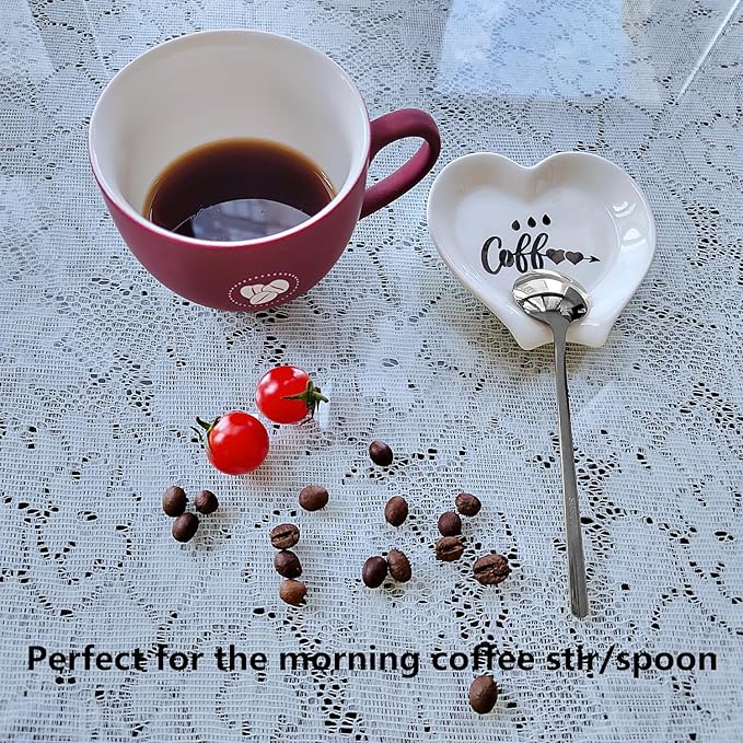 Heart-shaped Coffee Spoon Rest, Mini Coffee Spoon Holder, Small Ceramic Spoon Rest for Coffee Stirrers, Teaspoon, Bar Spoon, Coffee Bar Accessories, Coffee Station (White+Sliver spoon)