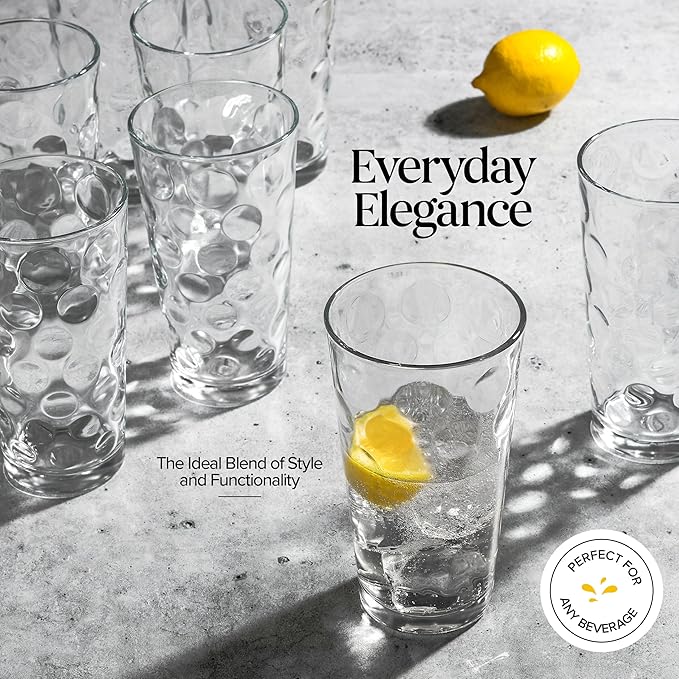 Home Essentials & Beyond Drinking Glasses Set of 4 Highball Glass Cups Bar Glasses, Uses for Juice, Water, Cocktails, Beverages, and Iced Tea. Dishwasher Safe