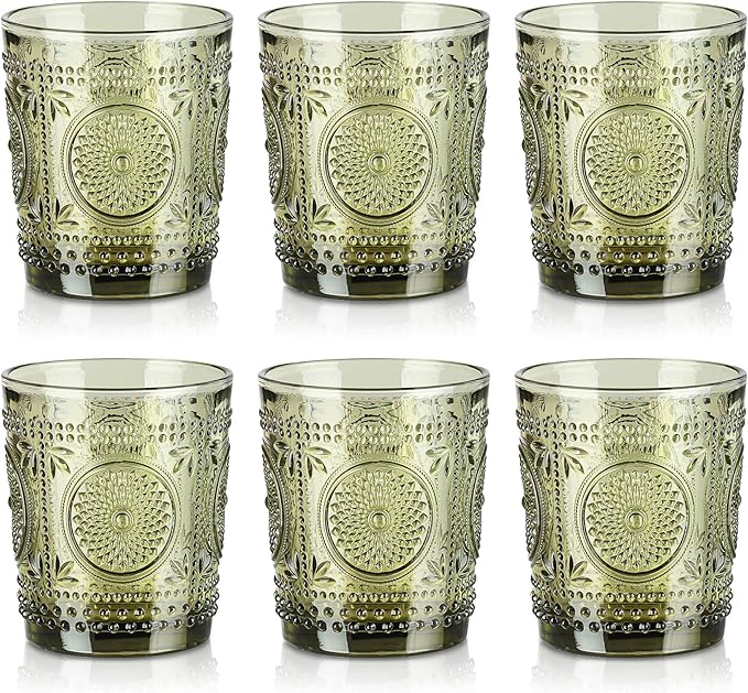 Joeyan Green Vintage Drinking Glasses,Embossed Small Sunflower Water Glass Tumbler,11oz Colored Boho Beaded Glassware for Beverages Juice Whisky Cocktail Beer Wine,Set of 6,Dishwasher Safe