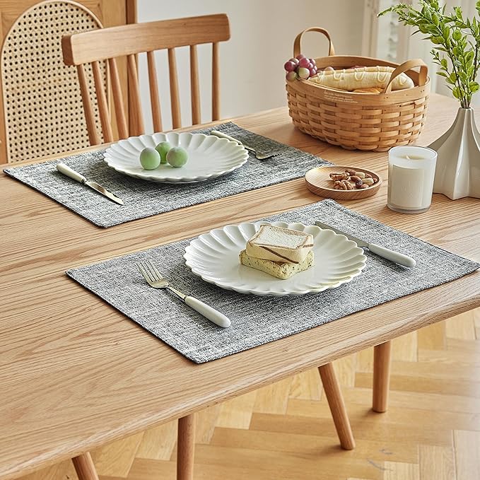 Softalker Faux Linen Placemats Set of 6-12 x 18 Inch, Heat Resistant Double Layered Durable Burlap Farmhouse Place Mats, Non-Slip Washable Rustic Table Mats for Dining, Kitchen, Party（Ash Grey
