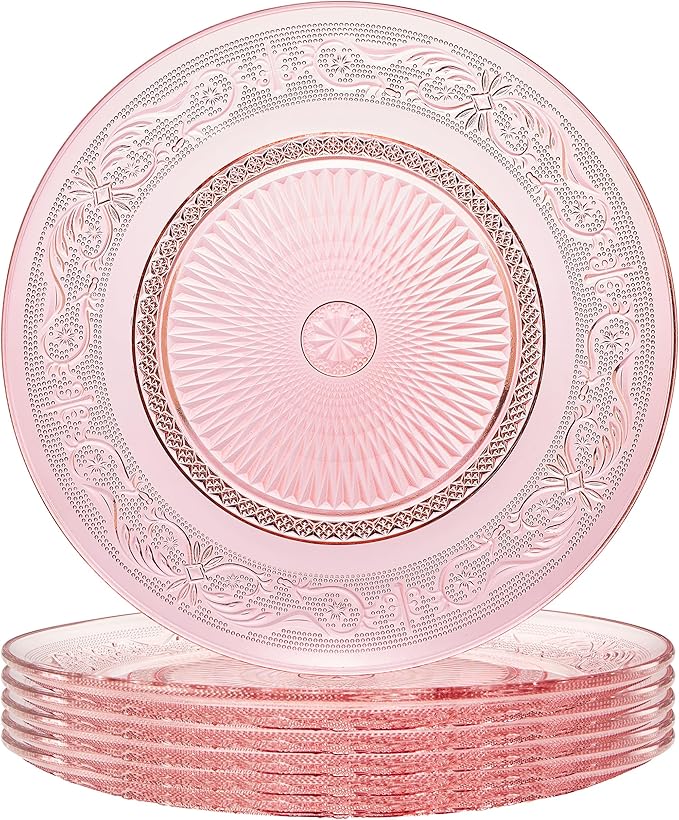 Art Deco Vintage Crystal Pink Plates | Set of 6 | Unique 10.5" Dinner or Charger Plates - Dinner, Charger, Dessert Server, Appetizer Plate, Snack, Fruit, Hand Wash, Housewarming Gift