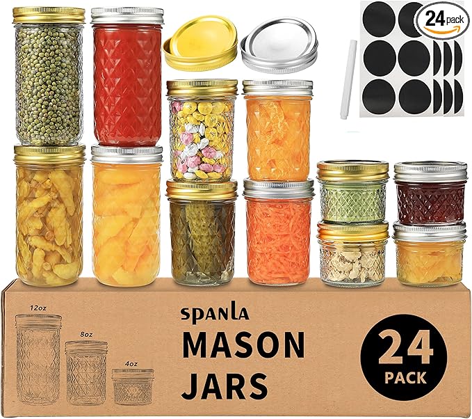 SPANLA Mason Jars, 24 Pack Canning Jars With Regular Lids, Ideal for Jam, Jelly, Honey, Wedding Favors, Shower Favors, DIY Glass Spice Jars - 4 OZ x 8, 8 OZ x 8, 12 OZ x 8 (4oz -8oz-12oz)