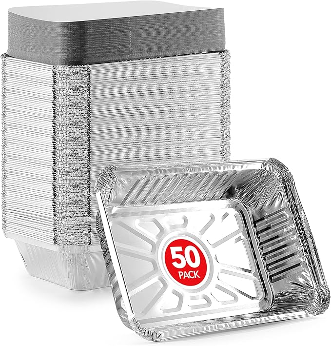 Aluminum Pans Take Out Containers with Lids (50 Pack) 2 Lb Disposable Aluminum Foil Oblong Pans with Cardboard Covers - To Go Food Storage Containers for Baking, Meal Prep, Takeout and Freezer