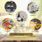 17" x 12" Wood Serving Tray with Gold Polished Metal Handles, Home Decorative Wooden Rectangle Ottoman Leather Decor Platter Bathroom Vanity Tray for All Occasions Alligator Gold