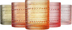 Hobnail Tumbler Drinking Glasses Set | Set of 5 | Vintage Sunset Colored Beaded Hobnails 10 OZ Muted Bubble Whiskey Glassware, Old-Fashioned, Embossed Design Glass Water Wine, Cocktail Glass Set Gift