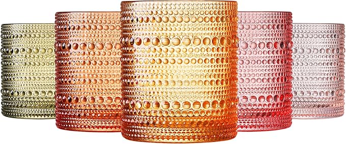 Hobnail Tumbler Drinking Glasses Set | Set of 5 | Vintage Sunset Colored Beaded Hobnails 10 OZ Muted Bubble Whiskey Glassware, Old-Fashioned, Embossed Design Glass Water Wine, Cocktail Glass Set Gift
