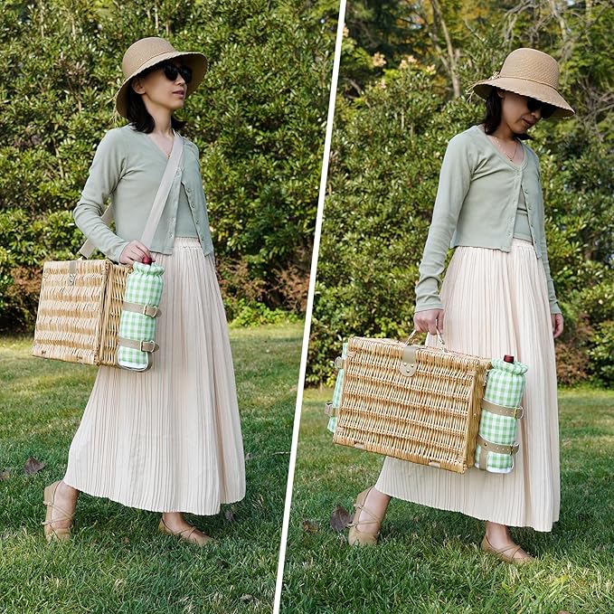 Picnic Basket for 4, Insulated Willow Picnic Baskets with Shoulder Strap, Picnic Hamper with Waterproof Picnic Blanket, Handmade Wicker Hamper for Outdoor Camping, GreenCheck