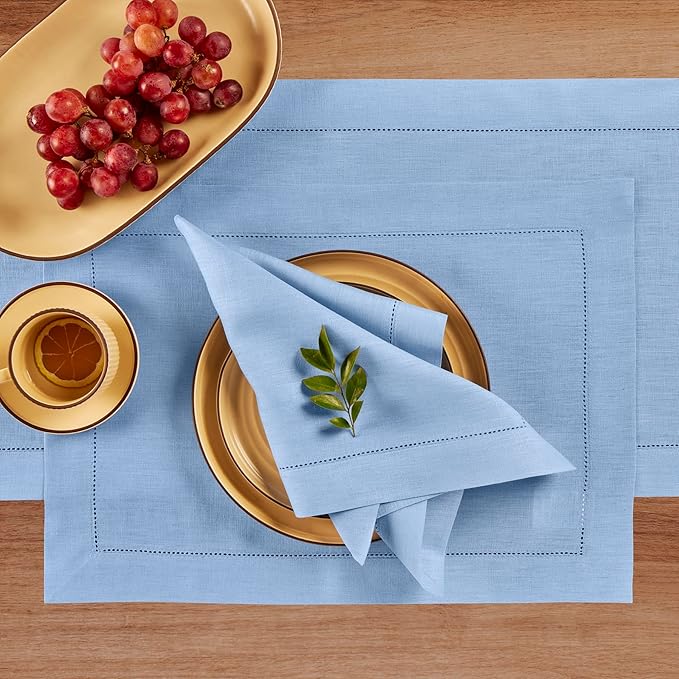 Solino Home Linen Cornflower Blue Hemstitch Table Runner 36 Inches - 100% Pure Linen Small Table Runner 14 x 36 Inch Ideal for Dresser and Coffee Tables - Classic Hemstitch, Summer