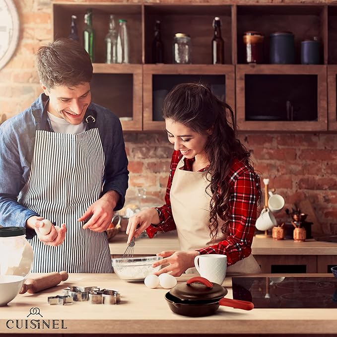 Cuisinel Cast Iron Skillet with Lid - 8"-inch Pre-Seasoned Covered Frying Pan Set + Silicone Handle and Lid Holders + Scraper/Cleaner - Indoor/Outdoor, Oven, Camping Fire, Grill Safe Kitchen Cookware