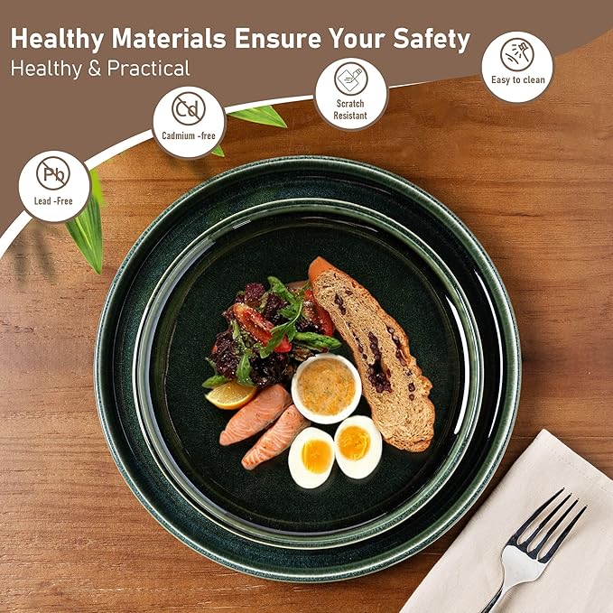 GBHOME Ceramic Dinnerware Sets for 4, 12 Pieces Stoneware Plates and Bowls Sets, Scratch Resistant Dishes, Dishwasher & Microwave Safe, Reactive Glaze-Earth Green