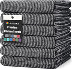 Homaxy Premium Kitchen Towels(18”x 28”, 6 Pack), Large Cotton Kitchen Hand Towels, Flat and Terry Dish Towels, 380 GSM Highly Absorbent Tea Towel Set with Hanging Loop, Black