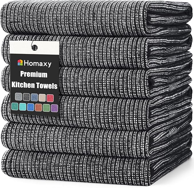 Homaxy Premium Kitchen Towels(18”x 28”, 6 Pack), Large Cotton Kitchen Hand Towels, Flat and Terry Dish Towels, 380 GSM Highly Absorbent Tea Towel Set with Hanging Loop, Black