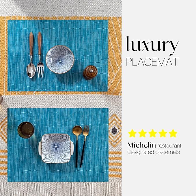 LEXMORE PVC Woven Placemats 8 PCS Wipeable Indoor/Outdoor Table Mats Washable Vinyl Place Mats for Dining Table, Set of 8-Teal Blue