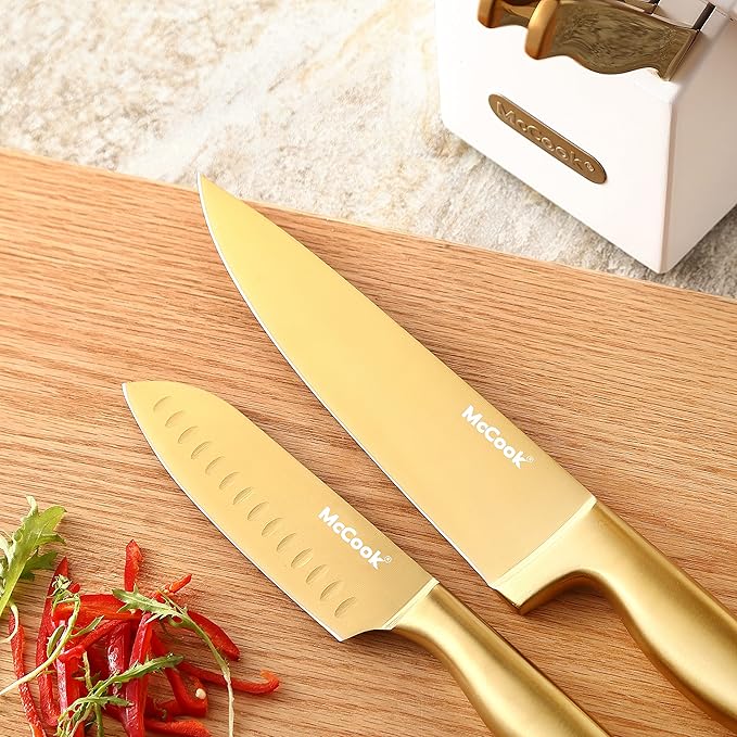 McCook® Kitchen Knife Sets, Golden Titanium Stainless Steel Knives Block Set with Built-in Sharpener
