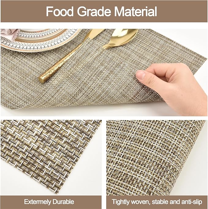 Placemats Set of 4 - Easy Clean Washable Vinyl Placemats - Wipeable Heat Resistant Table Mats for Dining Table - 17.7x11.8 Inch (4, Gray & Gold Two-Tone)