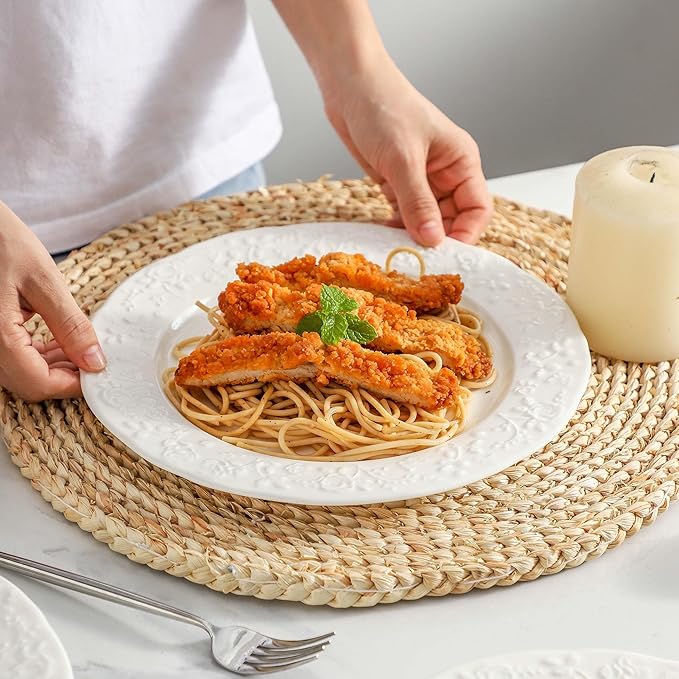 Neaylfe 10 inch Ceramic Dinner Plates, Set of 6, Embossed White Salad Plates, Round Kitchen Dining Plates for Restaurant, Porcelain Serving Dishes for Lunch, Pizza, Buffet, Steak, Bread