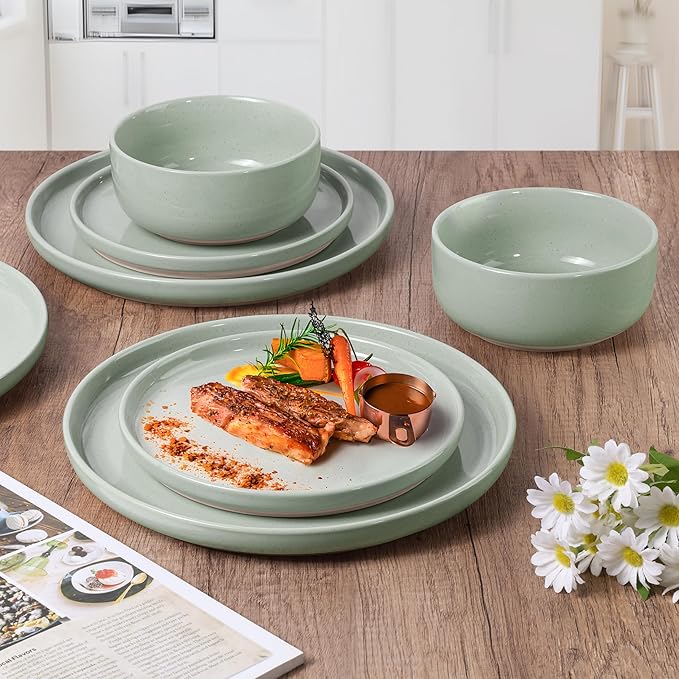 HaWare Stoneware Dinnerware Sets, 6-Piece Plates and Bowls Set for 2, Dishes Set for Home Restaurant, Speckled Asparagus Green
