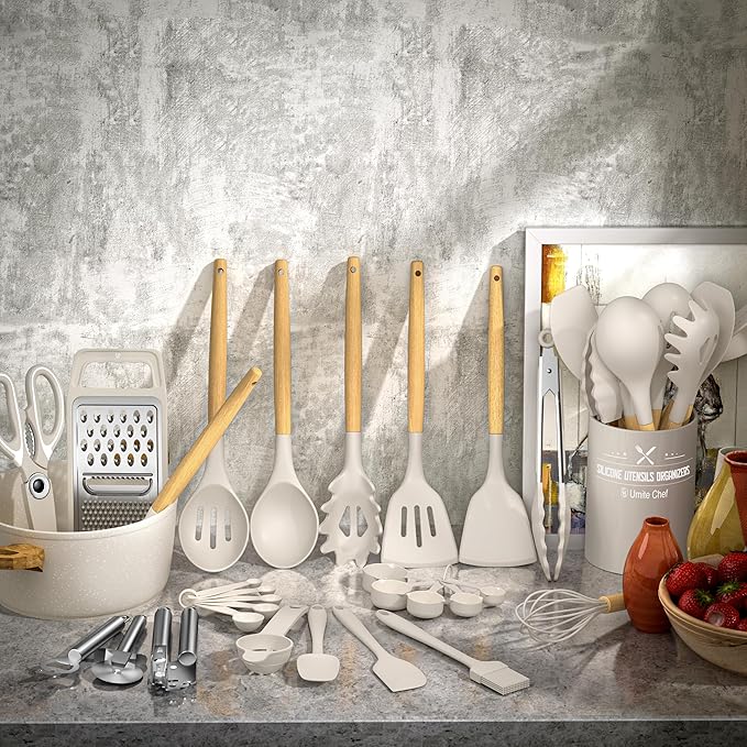 Umite Chef Silicone Kitchen Utensil Set, 34PCS Heat Resistant Kitchen Gadgets and Tools With Grater, Wood Handles for Nonstick Cookware