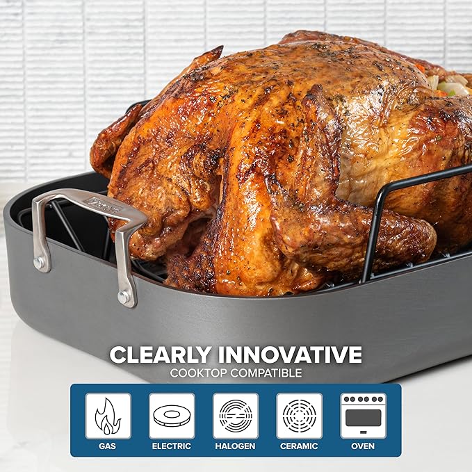 Viking Hard Anodized Aluminum Nonstick Roasting Pan with Non Stick Rack and Carving Set, 16 x 13 Inch Kitchen Cookware, Dishwasher and Oven Safe, Dark Grey