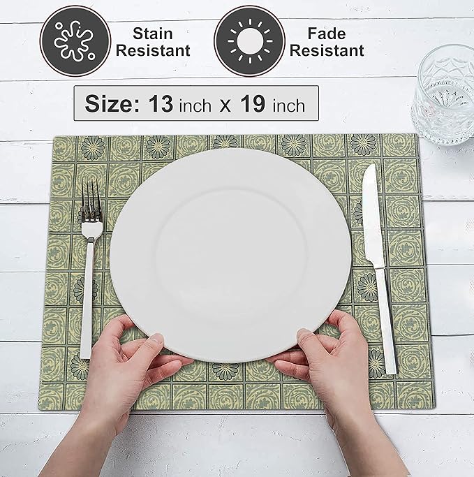 Ruvanti Placemats 100% Cotton 13 x19 Inch, Dining Table Placemats Set of 6, Modern Place Mats for Dining Table Decor, Kitchen and Table Linens, Coffee Mat for Christmas Dinners - Floral Tiles