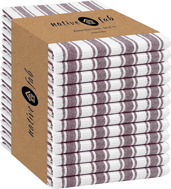 Native Fab Kitchen Dish Towels 16x26 inches - Set of 12 - Basket Weave 100% Cotton Striped Tea Towels, Wash Cloths for Drying Dishes, Absorbent Hand Towels with Hanging Loop - Burgundy