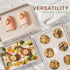 HONGBAKE 3 Pack Gold Nonstick Baking Sheet Pan Set with Oven Mitts Heat Resistant, Non-Toxic Half/Quarter/Jelly Roll Pans with Diamond Texture Pattern, Heavy Duty 0.8mm Thick Cookie Trays for Cooking