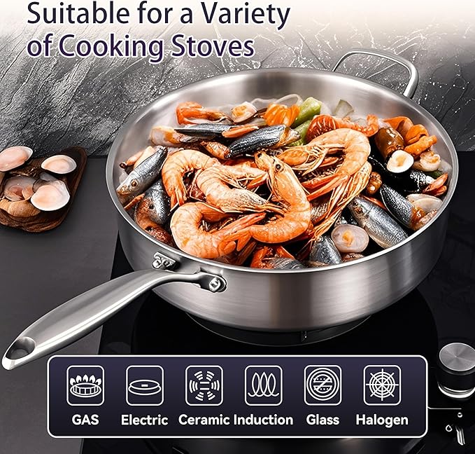 LOLYKITCH 5 Quarts Tri-Ply Stainless Steel Sauté Pan wih Lid, 12 Inch Deep Frying Pan,Jumbo Cooker,Induction Cooking Pan,Dishwasher and Oven Safe,Detachable Handle.