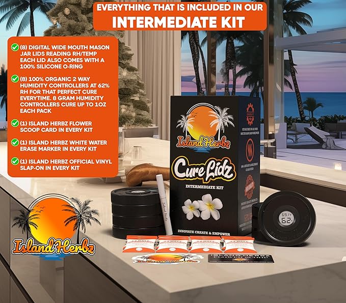 Intermediate Cure Kit Fits All Wide Mouth Mason Jars: 8 Airtight Digital Cure Lids, 8-8 Gram Organic 2 Way Humidity Controllers 1 Scoop Card 1 White Erase Marker 1 Slap-On (8-Pack)