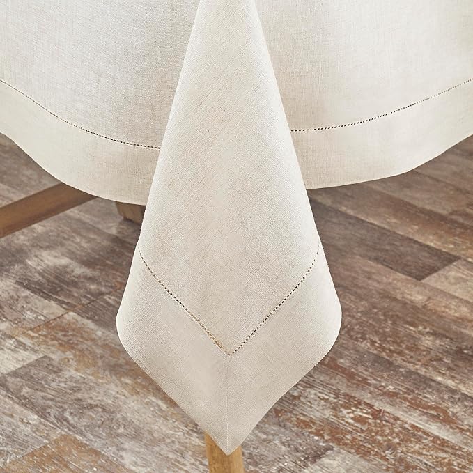 D'Moksha Homes Light Natural Linen Tablecloth 60 x 108 Inch - 100% Pure Linen Natural Table Cloth for Rectangle Tables - Classic Hemstitch, Machine Washable Tablecloth for Summer, Fall and Halloween