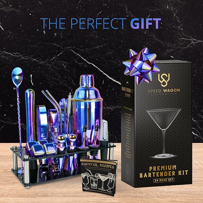 Mixology Bartender Kit – 24 Piece Rainbow Cocktail Shaker Set w/Stand – Essential Home Bar Accessories Martini Shaker, Jigger, Muddler, Chilling Cubes & More