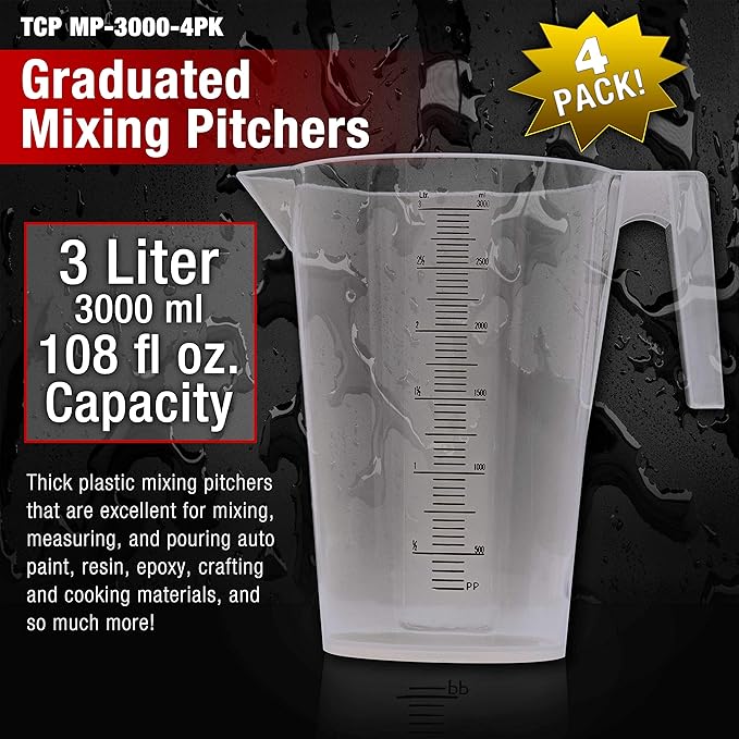TCP Global 3 Liter (3000ml) Plastic Graduated Measuring and Mixing Pitcher (Pack of 4) - Holds 3 Quarts 0.75 Gallon - Pouring Cup, Measure & Mix Paint, Resin, Epoxy, Kitchen Cooking Baking Ingredients