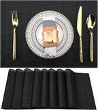 Black Placemats Set of 8 - Easy Clean Washable Vinyl Placemats - Heat Resistant Placemats for Kitchen Table - PVC Table Mats for Dining Table (Pure Black, 8)