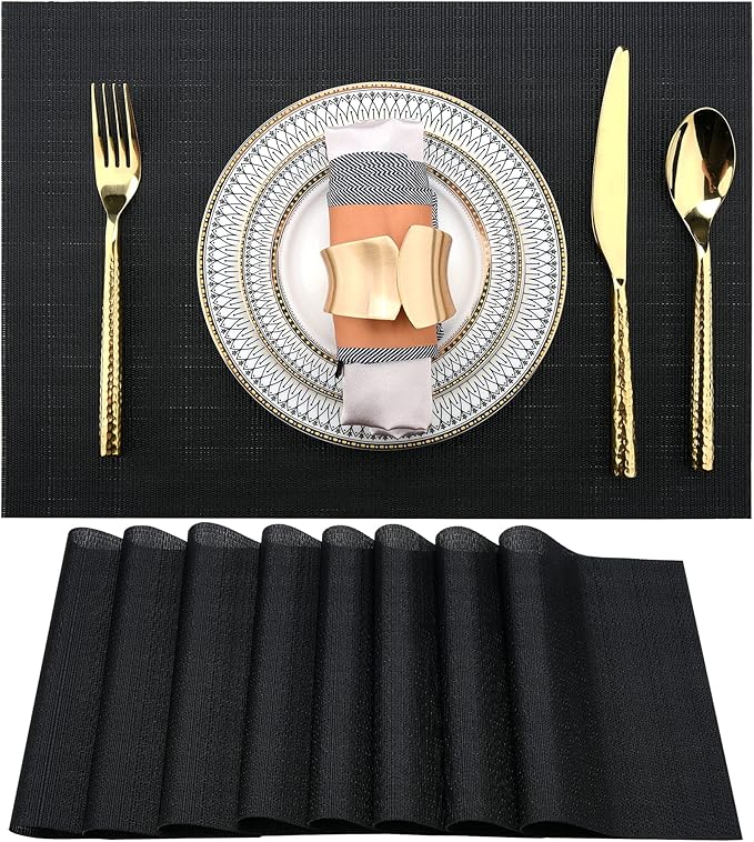 Black Placemats Set of 8 - Easy Clean Washable Vinyl Placemats - Heat Resistant Placemats for Kitchen Table - PVC Table Mats for Dining Table (Pure Black, 8)