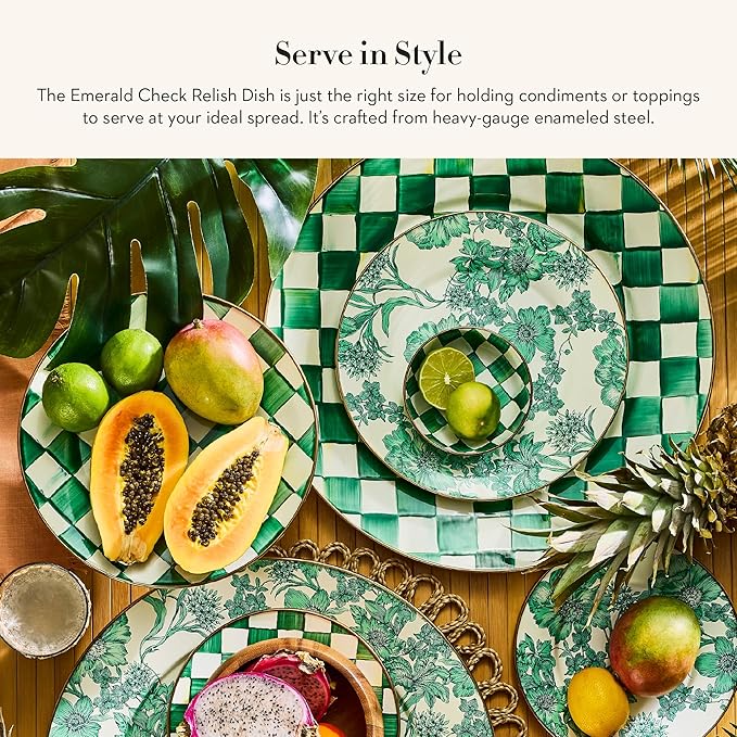 MACKENZIE-CHILDS Enamel Relish Dish, Small Serving Bowl for Entertaining, Green-and-White Emerald Check