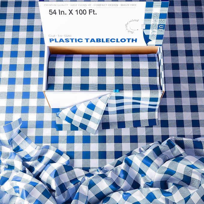 Exquisite Party Solids 54 Inch X 100 Feet Blue Gingham Plastic Table Cover Roll in A Cut - to - Size Box with Convenient Slide Cutter. Cuts Up to 12 Rectangle 8 Feet Plastic Disposable Tablecloths
