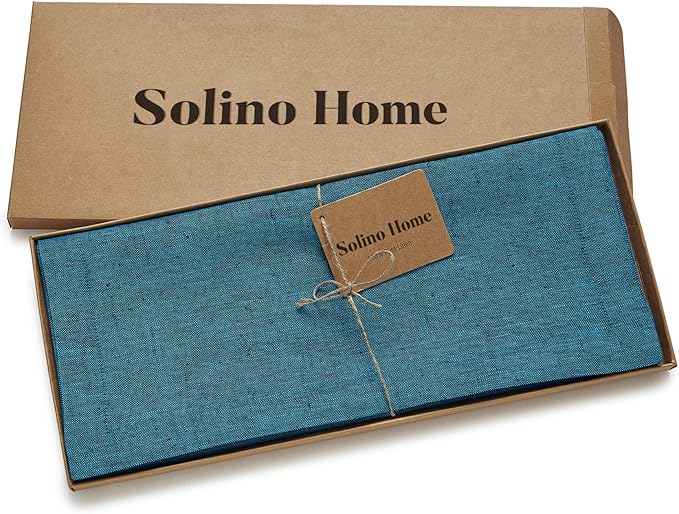 Solino Home Linen Small Table Runner 48 Inches - Athena, 100% Pure Linen Chambray Teal Table Runner 14 x 48 Inch Ideal for Dresser and Coffee Tables - Fall, Autumn