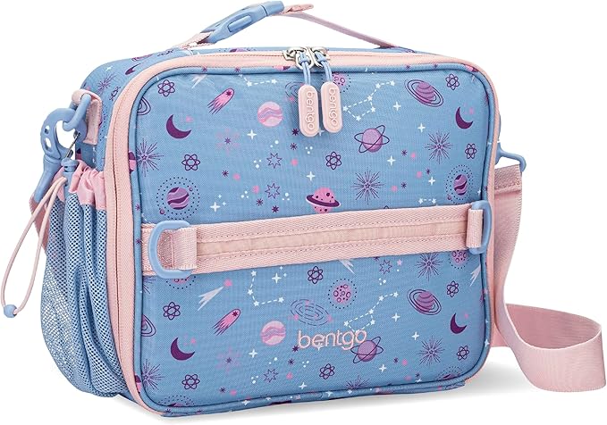 Bentgo Kids Lunch Bag - Durable, Double-Insulated Lunch Bag for Kids 3+; Holds Lunch Box, Water Bottle, & Snacks; Easy-Clean Water-Resistant Fabric & Multiple Zippered Pockets (Lavender Galaxy)