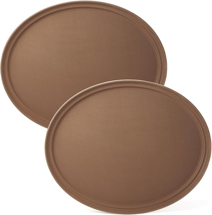 CURTA 2-Pack Restaurant Grade Non-Slip Tray, NSF, Oval 22-Inch x 27-Inch, Plastic Rubber Lined Round Serving Tray, Brown