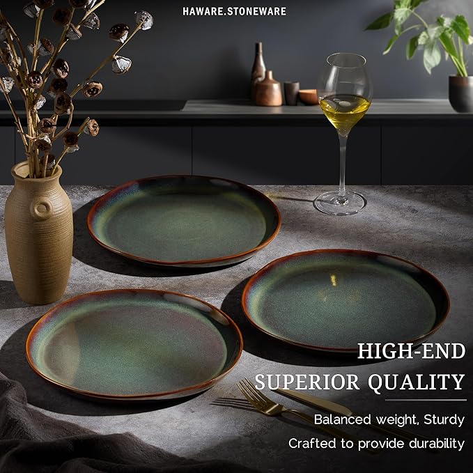 HaWare Stoneware Dinner Plates Set of 6, 10" Heavy Duty Ceramic Plates, Reactive Glaze Dinnerware for Home Restaurant, Chip and Scratch Resistant, Microwave and Dishwasher Safe, Reactive Moss Green
