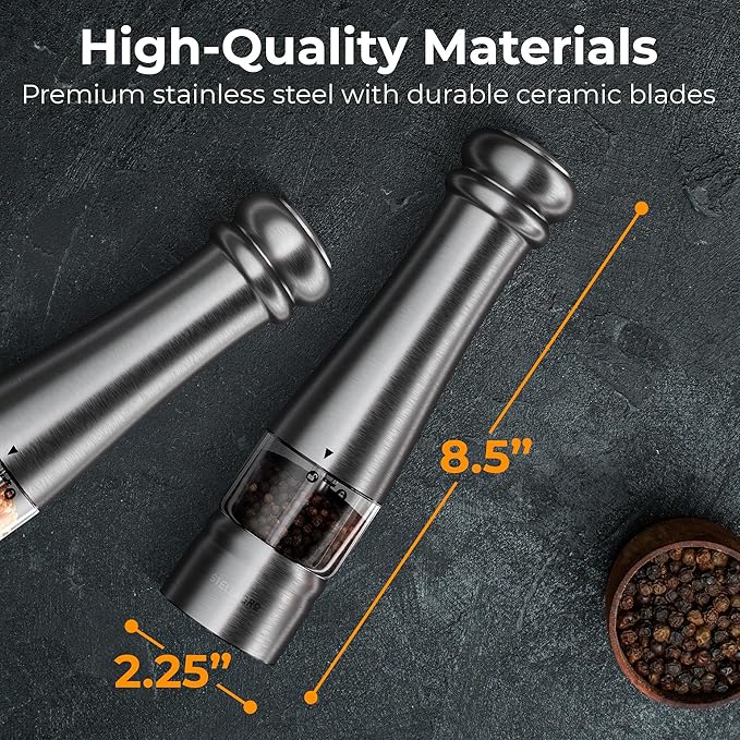 Premium Electric Salt and Pepper Grinder Set - Stainless Steel Battery Salt and Pepper Grinder Set with Adjustable Coarseness & Warm White Light - Automatic Spice Mill Shakers