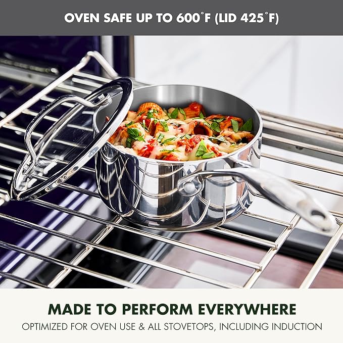 GreenPan Valencia Tri-Ply Stainless Steel 1.6QT Sauce Pan with Lid, Induction Ready, Mirror Finish, Dishwasher Safe & Oven/Broiler Safe to 600F, Compatible with All Cooktops, Chefs Cooking Pot