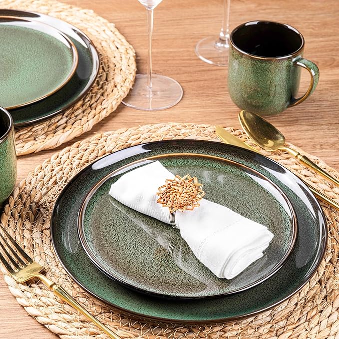 LERATIO Ceramic Dinnerware Sets for 4,12 Pieces Poreclain Plates and Bowls Sets,Scratch Resistant Dishes,Dishwasher & Microwave Saf,Oven Safe Dishes Set,Service for 4-Geen