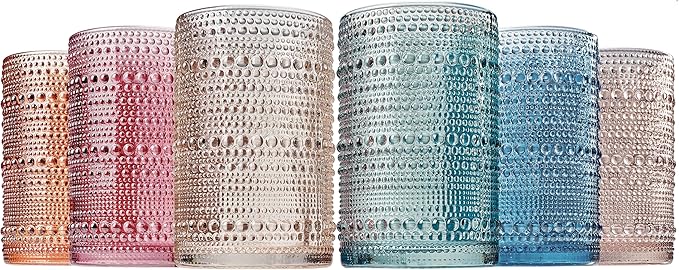 Khen Beaded Highball Drinking Tumbler Set | Set of 6 | Fall & Holiday Decor Vintage Hobnail 12 OZ Muted Bubble Design Whiskey Glassware, Old-Fashioned, Embossed Design Glass for Water Wine, Cocktail