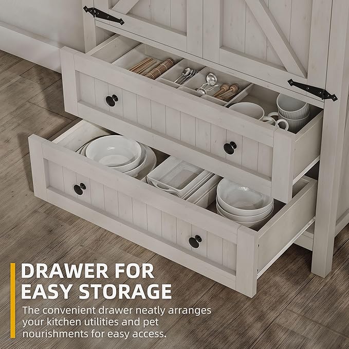 DWVO 64.5" H Kitchen Pantry Cabinet, Storage Cabinet with Barn Doors, 2 Drawers and Adjustable Shelves, Farmhouse Cupboard for Dining Room, Living Room, Bathroom, Off White