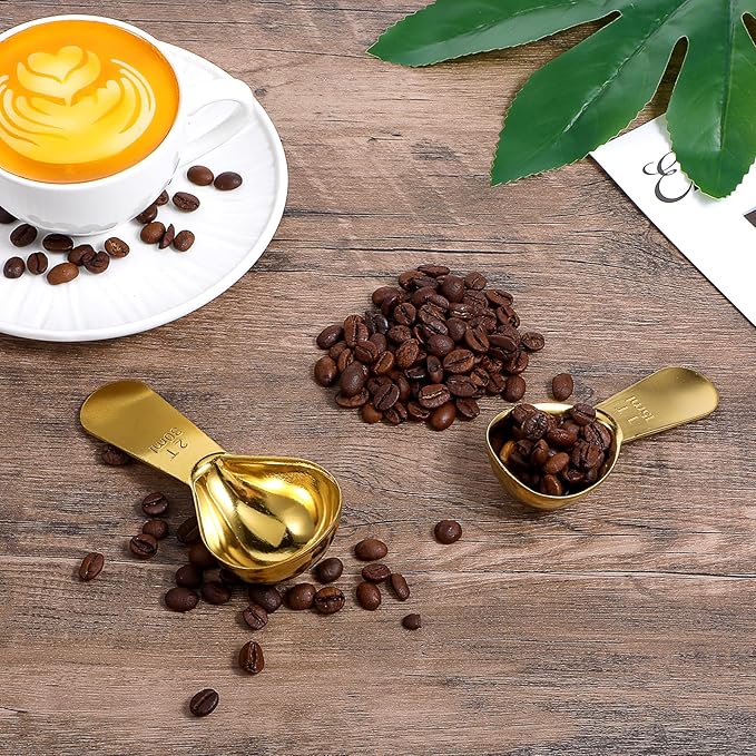 1 Gold Measuring Spoons (15 Ml) and 1 Tablespoons (30 Ml) Coffee Scoop for Ground Coffees, Stainless Steel Coffee Spoons Set Short Handle Tablespoon Measuring Spoon for Milk Tea Sugar Protein Brewin