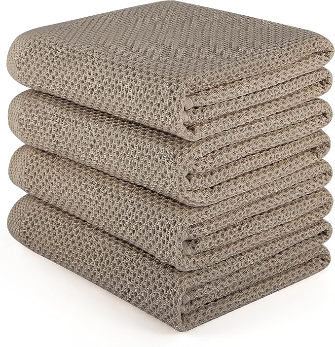 Large Kitchen Hand Towels,Cotton Waffle Weave Dish Towel for Drying, Cleaning Cloth for Kitchen Dishes - Extra Absorbent and Soft - 16 x 28 inch (Brown-4 Pack)