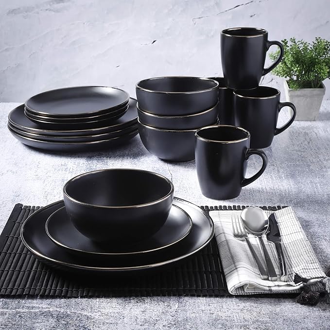 Gibson Home Rockaway Round Stoneware Dinnerware Set, Service for 4 (16pcs), Black/Gold Rim